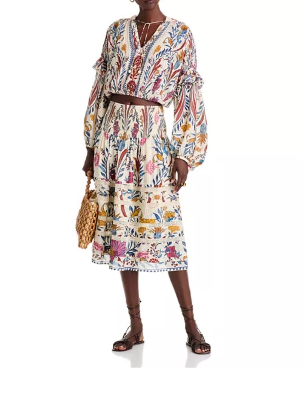 FARM Rio Cream Floral Tiered Midi Skirt with Blue, Pink & Mustard